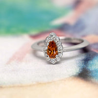 Pear Shape Deep Orange Spessartite Garnet Diamond Halo Gold Aura Ring