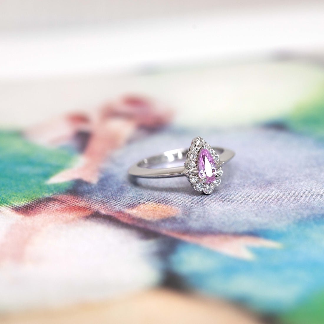 Pear Shape Light Royal Pink Sapphire Diamond Halo Gold Aura Ring