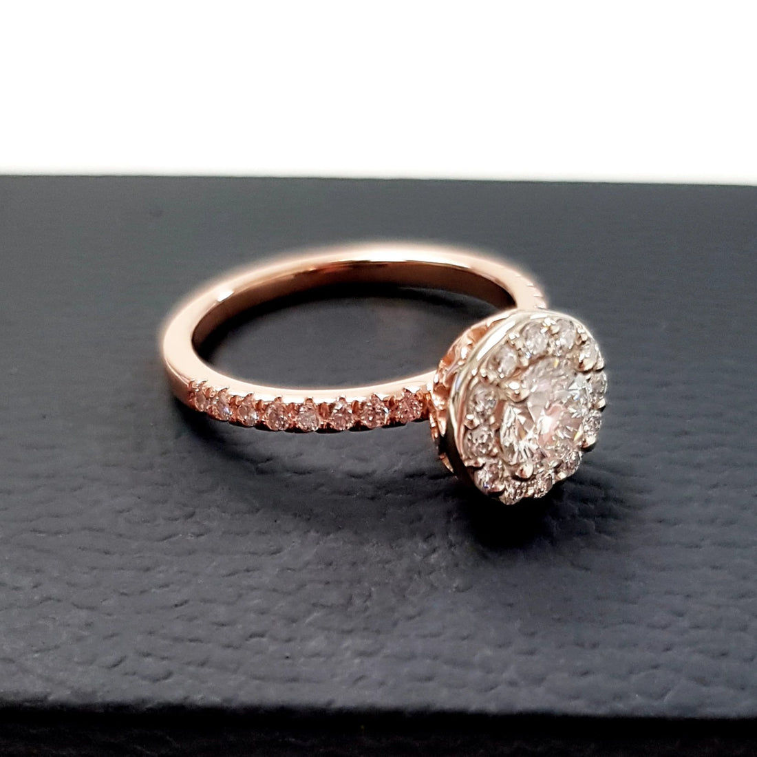 Diamond Engagement Ring Bena Jewelry Montreal rose gold diamond engagement ring diamond halo custom made engagement ring montreal bena jewelry fine jewelry designer little italy jeweler montreal fine jewelry