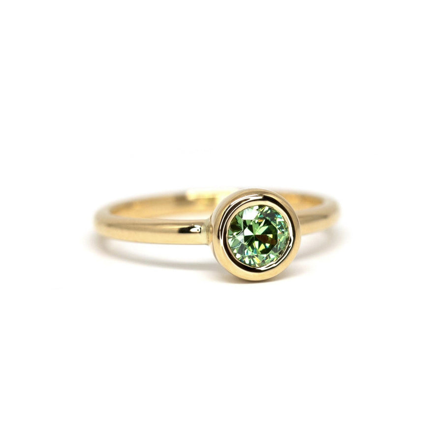Gold ring custom made bridal jewelry bena jewelry canadian jewelry designer green garnet demantoid rouind gemstone yellow gold ring
