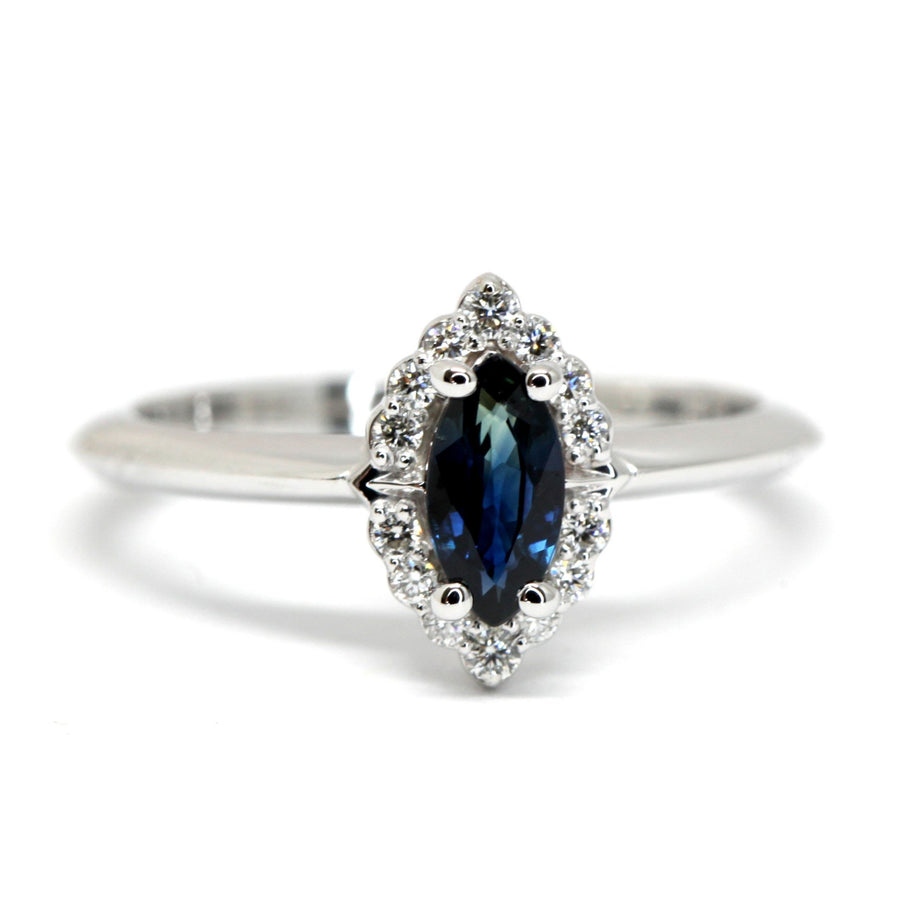 Engagement ring edgy maquise shape sapphire gold ring bena jewelry montreal made in canada bridal jewels blue sapphire color gemstone edgy ring designer custom made in montreal bena jewelry