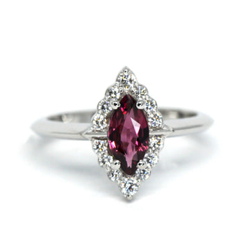 Marquise shape engagement ring bena jewelry red garnet gemstone edgy bena jewlery fine jewelry designer rhodolite engagement ring montreal made in canada custom color gemstone bridal ring handmade in montreal little italy jeweler