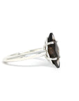 Side view on white background of smoky quartz ring silver edgy cocktail ring with natural big bold gemstone brown quartz gemstone modern bridal engagement ring bena jewelry montreal