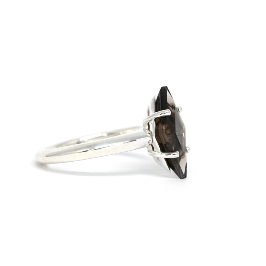 Side view on white background of smoky quartz ring silver edgy cocktail ring with natural big bold gemstone brown quartz gemstone modern bridal engagement ring bena jewelry montreal