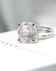 Side view of rose quartz cocktail ring hexagonal big natural gemstone pink hue bold custom ring design montreal made in canada fine edgy jewelry bena montreal little italy jeweler