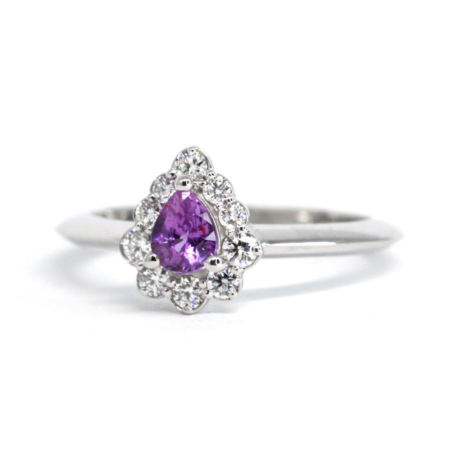 white gold diamond ring purple pink sapphire bridal ring bena jewelry