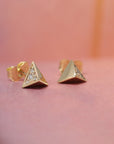 Front view pink background yellow gold and diamond pyramidal stud earrings Bena Jewelry Made in Montreal Canada