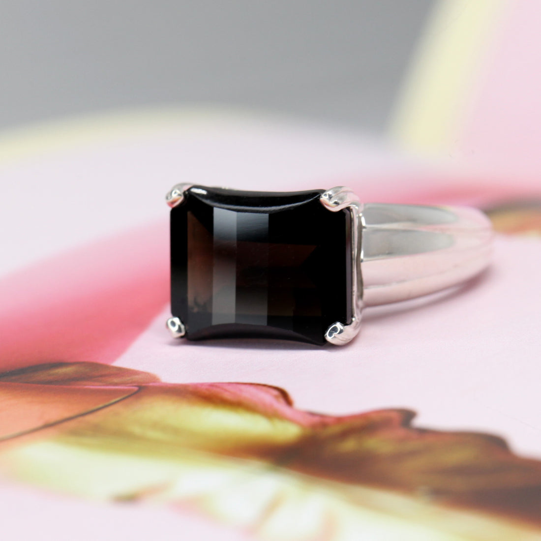 Rectangle Smoky Quartz Silver Ring