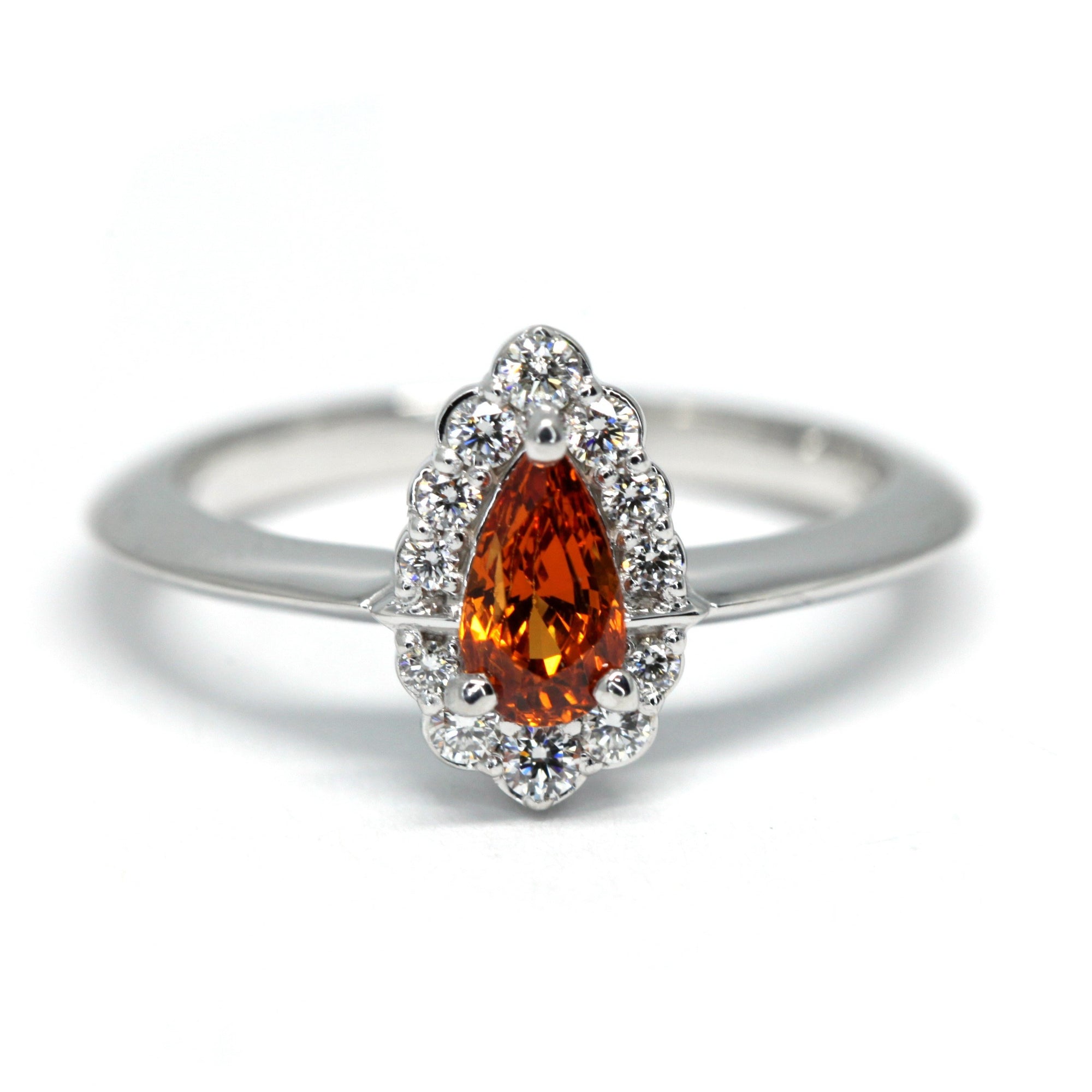 custom made color gemstone bridal engagement ring pear shape vivid orange spessartite garnet engagement ring montreal handmade little italy jewelry studio bena jewelry custom made orange garnet diamond ring