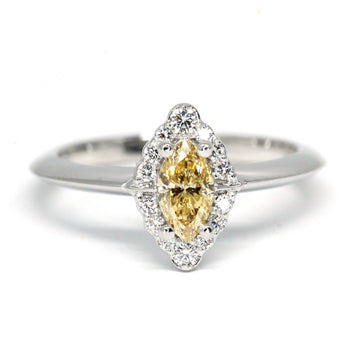 Marquise shape yellow diamond bena jewlery edgy fine jewelry montreal white small diamonds on the halo custom bridal specialist montreal little italy jewler white gold band custom made in montreal canada diamond broker little italy engagement ring montreal