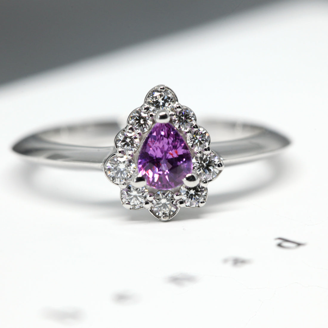 pear shape sapphire purple natural color gemstone diamond halo custom made bridal ring bena jewelry