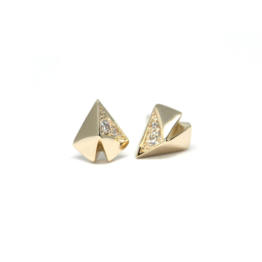 Yellow Gold Heart Shape Diamond Stud Earrings Bena Jewerly Made In Montreal Canada Side View