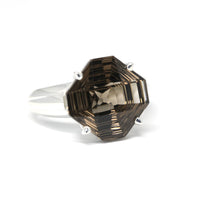front view of bena jewelry cocktail ring made in montreal smoky quartz fancy shape jewelry made in Canada montreal jewelry minimalist gemstone designer