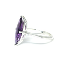 Side view of silver ring amethyst gemstone cocktail ring bena jewelry handmade in montreal little italy jewels bena jewelry edgy luxury amethyst gems ring