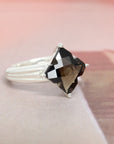 Side view of smoky quartz gemstone cocktail custom made fine jewelry montreal made edgy jewelry dark gems bridal ring fine jewelry designer