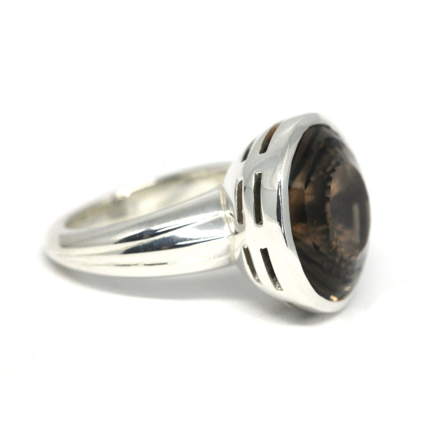 Side view of Bena Jewelry Smoky Quartz Silver Cocktail Ring Ruby Mardi
