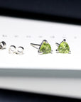 peridot gemstone stud earrings trillion shape green gemstone earrings natural green color peridot montreal jewelry studio bena jewelry custom made color gemstone jewelry handmade in montreal small green gemstone earrings