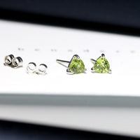 peridot gemstone stud earrings trillion shape green gemstone earrings natural green color peridot montreal jewelry studio bena jewelry custom made color gemstone jewelry handmade in montreal small green gemstone earrings