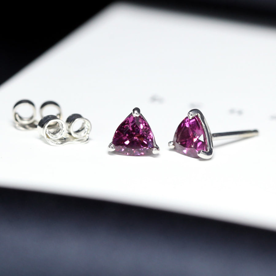 custom made color gemstone garnet jewelry Pink Trillion Rhodolite Garnet Stud Earrings bena jewelry montreal pink garnet gemstone stud earrings bena jewelry color gemstone bridal minimalist jewelry