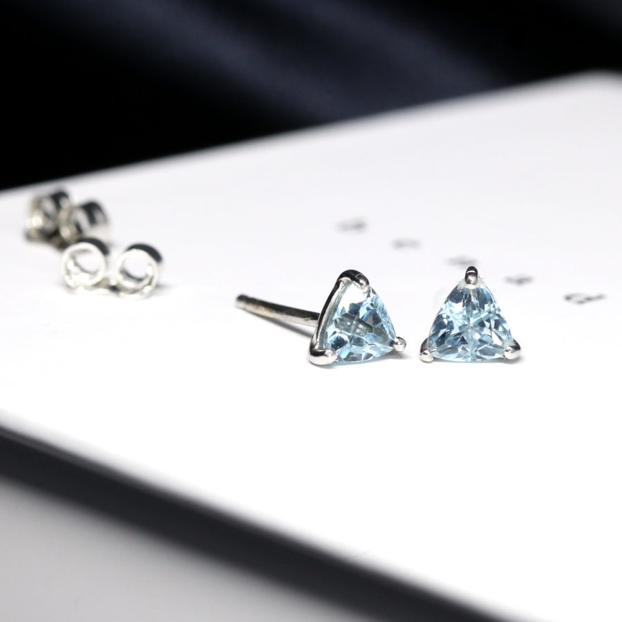 Gemstone Stud Earrings Sterling Silver Trillion Cut Blue Topaz
