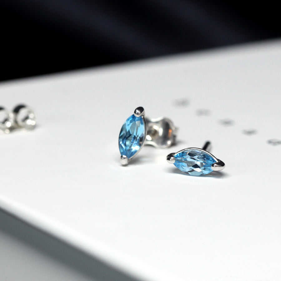 Gemstone stud earrings sterling silver marquise blue topaze 