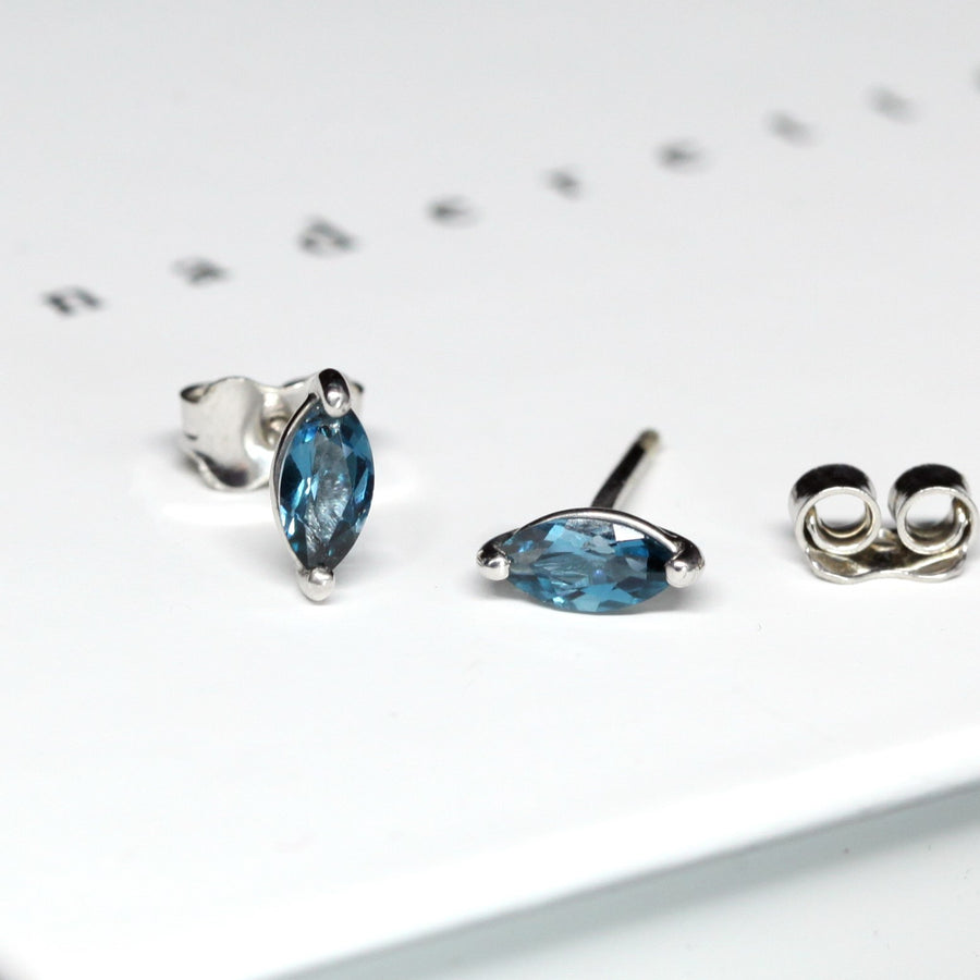 Blue topaz stud earrings marquise shape earrings blue london blue topaz marquise shape perfect unisex jewelry boucles d'oreilles fait à montreal pierre blue marquise shape jewelry designer montreal