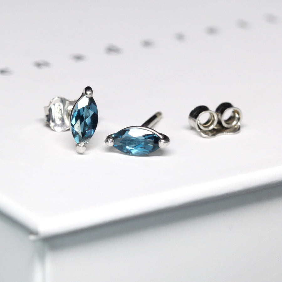 Marquise London blue topaz stud earrings bena jewelry montreal made in canada simple unisexe color gems jewelry design handmade in canada