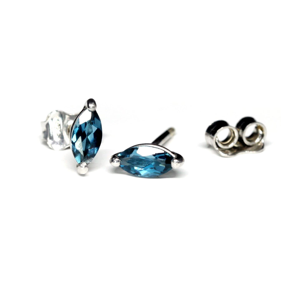 London blue stud earrings marquise shape bena jewelry custom color gemstone jewelry montreal small everyday simple unisexe minimalist jewelry
