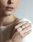 Girl wearing Toi et Moi Diamond Ring White Cushion Diamond and Brown Cushion Diamond Made in Montreal Canada Jewelry Design