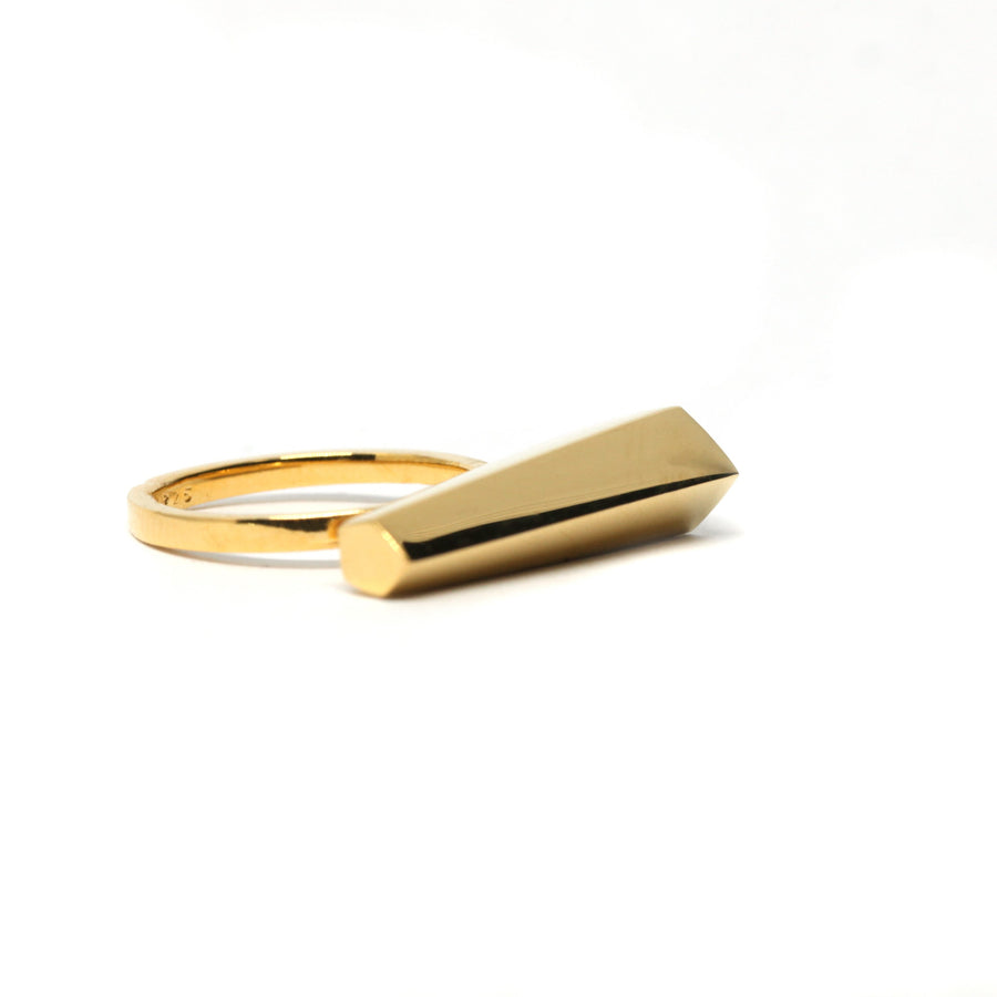 Back view of vermeil gold bold edgy ring sturdy shape montreal handmade in canada fine minimalist unisex yellow gold cocktail jewelry ethical montreal jewelry studio