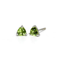 Trillion shape peridot gemstone stud earrings edgy minimalist green gemstone earrings bena jewelry monteal cusotm made color gemstone jewelry handmade little italy montreal small trillon studs bena jewelry montreal