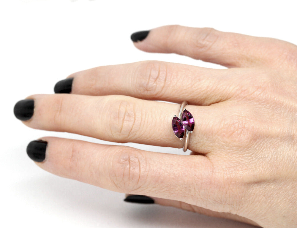 girl wearing toi et moi marquise shape rhodolite garnet white gold ring bena jewelry montreal custom bridal color gemstone ring