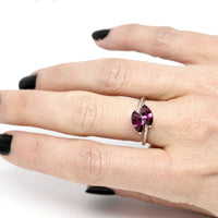 girl wearing toi et moi marquise shape rhodolite garnet white gold ring bena jewelry montreal custom bridal color gemstone ring