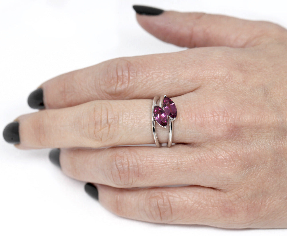 girl wearing maquise red garnet toi et moi bridal ring bena jewelry custom made engagement ruby mardi deisgner