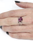 girl wearing maquise red garnet toi et moi bridal ring bena jewelry custom made engagement ruby mardi deisgner