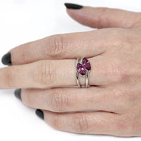 girl wearing maquise red garnet toi et moi bridal ring bena jewelry custom made engagement ruby mardi deisgner