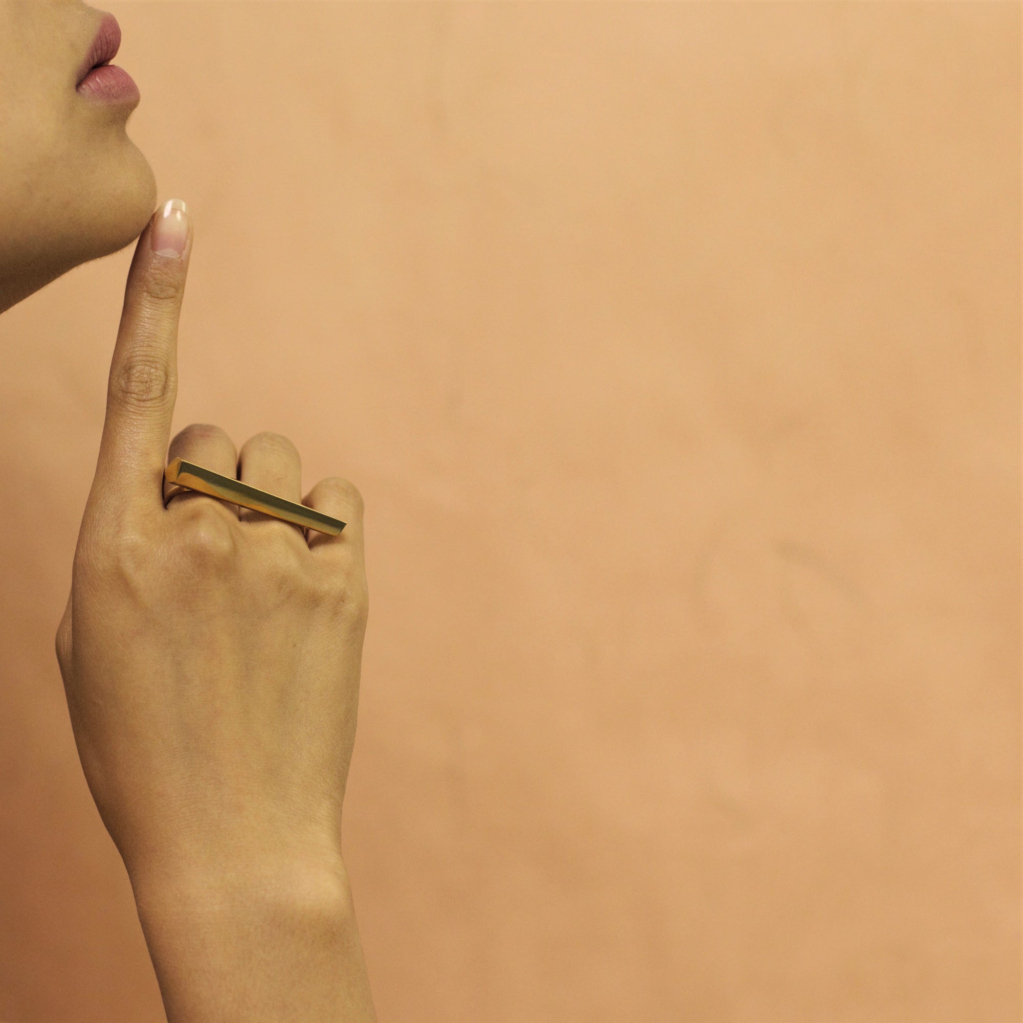 Girl wearing edgy collection double ring vermeil gold silver plated ring montreal custom handmade jewelry designer made in canada