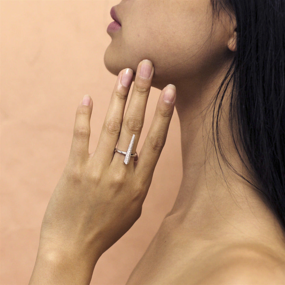Diamond Pike Ring worn, highlighting its bold and powerful design with sparkling natural diamonds in white gold by Bena Jewelry.