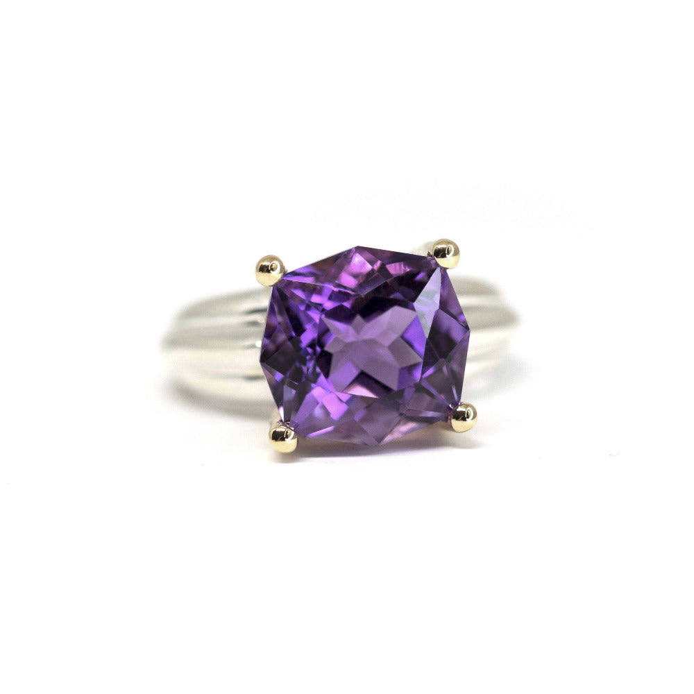 Front view on white background: The Amethyst Cocktail Ring showcasing its bold Brazilian amethyst and silver-gold combination. Designed by Bena Jewelry in Montreal, Canada.