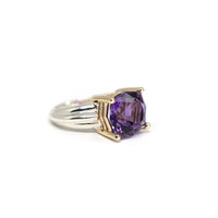side view of fancy shape statement amethyst gold and silver ring collection ruby mardi custom jeweler montreal little italy