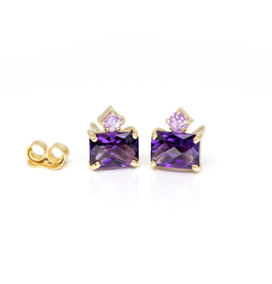 custom made color gemstone stud earrings amethyst rectangle shape and pink sapphire asscher cut gemstone