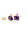 yellow gold amethyst and pink sapphire gemstone stud earrings made in montreal by bena jewelry designer