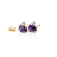 yellow gold amethyst and pink sapphire gemstone stud earrings made in montreal by bena jewelry designer