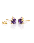 pair of yellow gold purple gemstone earrings amethyst and pink sapphire dainty earrings studs montreal made by bena jewelry designer