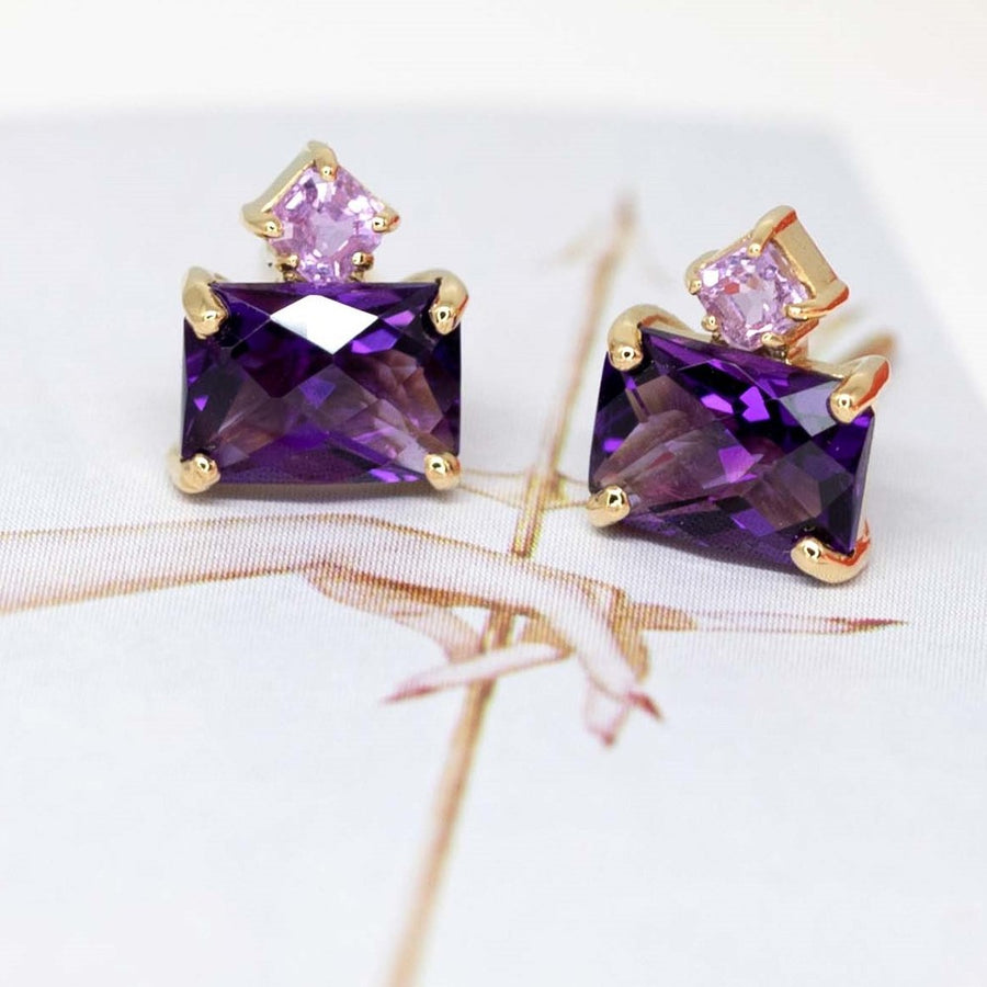 amethyst and pink sapphire gemstone studs earrings made by independant canadian bena jewelry designer montreal