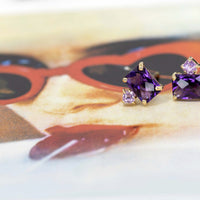 yellow gold amethyst gemstone studs with asscher cut pink sapphire bridal earrings made by bena jewelry designer montreal