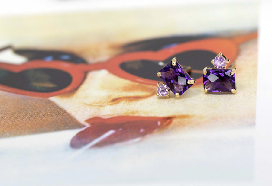yellow gold amethyst gemstone studs with asscher cut pink sapphire bridal earrings made by bena jewelry designer montreal