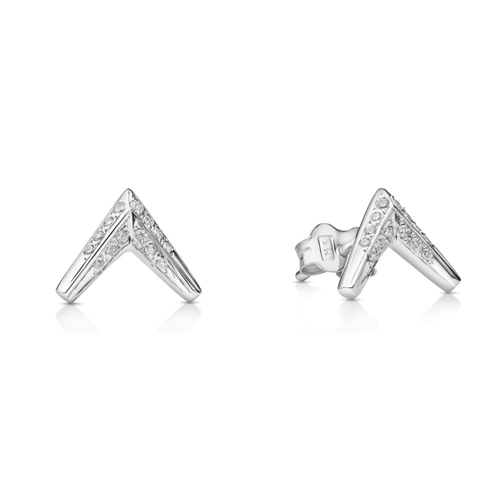 Front view of the Arrow Diamond Studs showcasing the depth of the earrings and the precision of the diamond setting.