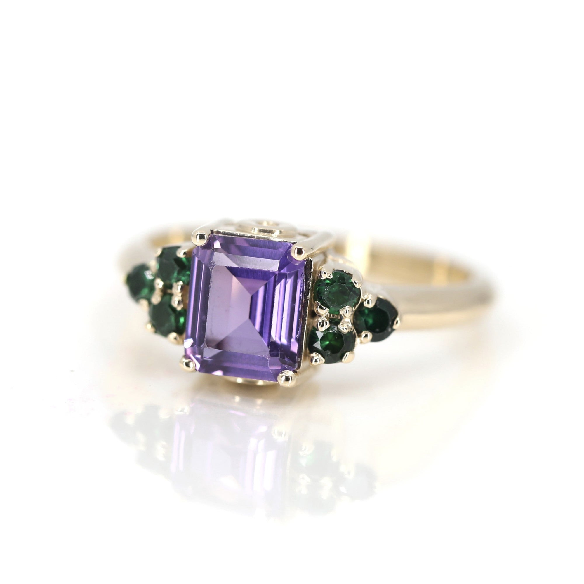 Front view on white background: The Amethyst Cocktail Ring showcasing its bold Brazilian amethyst and silver-gold combination. Designed by Bena Jewelry in Montreal, Canada.