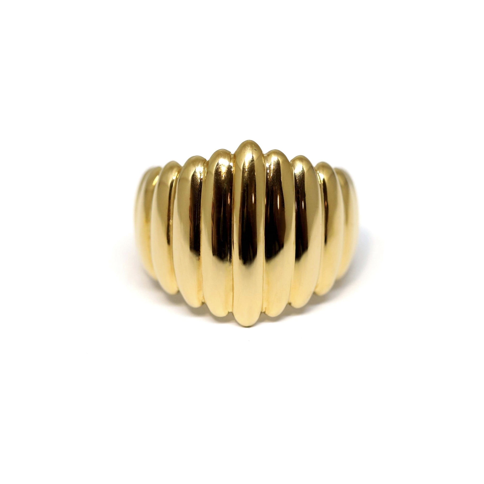 Pigalle Ring in Yellow Gold on white background – A bold unisex gold ring with a sculptural ridged texture, handcrafted by Bena Jewelry in Montreal.